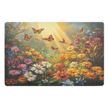 Imagem de Qilmy Capachos para ambientes externos com flores silvestres e borboletas 81 x 50 cm, tapete de boas-vindas interno, tapetes de banho fofos, capacho frontal antiderrapante para entrada, pátio, áreas