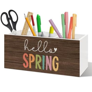 Imagem de ANIANG Hello Spring Organizador de canetas, decoração sazonal de primavera, porta-lápis de madeira rústica para casa, escritório, jardim, acessórios de mesa