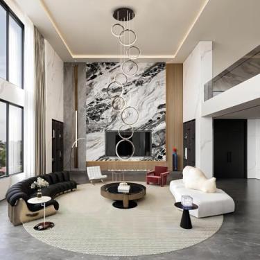 Imagem de Lustre longo de 15 anéis, moderno, grande, decorativo, suspenso, para teto alto, com design em espiral e escada, com controle remoto. Luminária LED moderna e dimerizável para hall de entrada