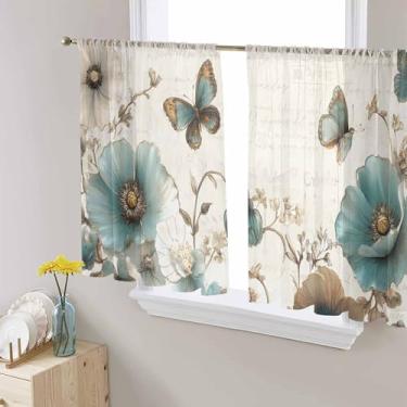 Imagem de Cortinas transparentes vintage tulipa 113 cm de comprimento conjunto de 2 painéis para sala de estar/quarto, azul-petróleo turquesa floral borboleta pastoral semi cortina transparente cortinas com