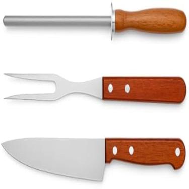 Imagem de Conjunto churrasco essencial, espeto, faca e garfo, resistente e duravel, madeira rustica, 3 pecas, afiado