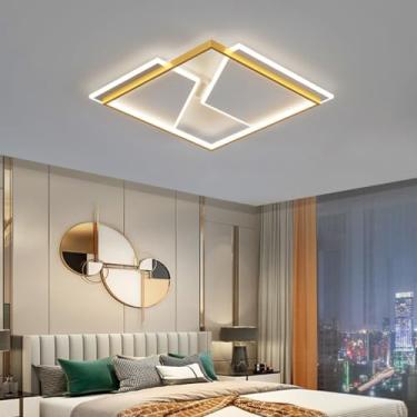 Imagem de Luminária de teto LED moderna com controle remoto, design geométrico elegante e criativo, 98W, em metal dourado, embutida, ideal para hotéis, quartos, escritórios, cozinhas, salas de estar e
