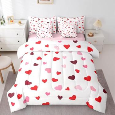 Imagem de Erosebridal Jogo de cama solteiro com estampa de coração fofo, 7 peças, geométrico, para meninas, dia dos namorados, conjunto de lençol com edredom