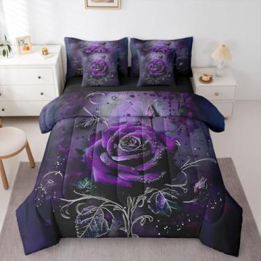 Imagem de Erosebridal Conjunto de edredom queen com flores roxas e pretas para o Dia dos Namorados | Conjunto de cama romântica gótica romântica em uma bolsa, para adultos, mulheres e homens