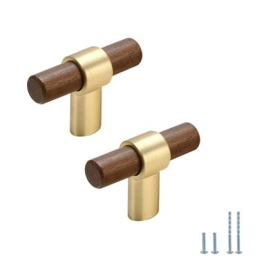 Imagem de Evionlin 4 maçanetas de madeira de nogueira dourada, cilíndrica, longa, nogueira, madeira, liga de zinco, puxadores de gaveta