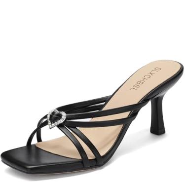 Imagem de SLXCHBSL Sandálias femininas de salto gatinho quadradas, bico aberto, salto baixo, sandálias de salto baixo para vestido casual, festa, casamento, confortável, verão, Preto, 40