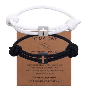 Imagem de Pulseira de cruz de corda trançada, pulseiras ajustáveis da amizade, pulseiras combinando para casais, presentes cristãos de Páscoa, para amigos, homens, mulheres, dia dos namorados (preto, branco)