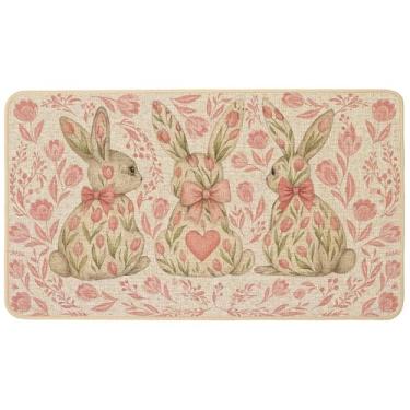 Imagem de Baccessor Tapete de porta rosa coelhinho da páscoa primavera floral tulipas coelho decorativo capacho frontal de boas-vindas 43 x 73 cm tapetes de porta internos externos antiderrapante suporte de