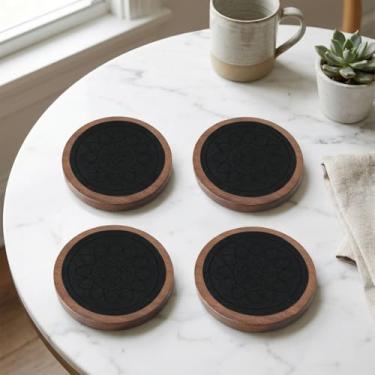 Imagem de Conjunto de porta-copos de café redondo de 4 peças – tapetes absorventes e antiderrapantes para uso doméstico, protetores de mesa resistentes ao calor (preto)