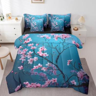 Imagem de Erosebridal Jogo de cama de solteiro, flor de cerejeira, ramos de cerejeira, conjunto de edredom feminino, 7 peças, estilo japonês com edredom fofo e flores rosa em um saco, azul