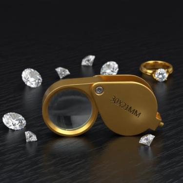 Imagem de 1 mini lupa de bolso dobrável de 30 x com capa protetora de metal – Lupa de leitura dobrável para viagens, inspeção, joias, moedas, hobby (ouro)