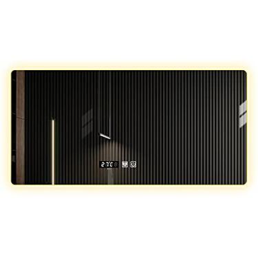 Imagem de TRGCJGH Espelho de banheiro iluminado por LED para banheiro Espelho de cosmético LED horizontal Espelho de maquiagem montado na parede Função antiembaçante, luz quente - 90 x 70 cm