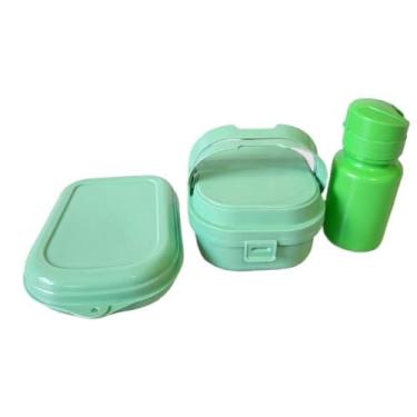 Imagem de Kit Infantil Marmita com Divisória 660ml + Sanduicheira e Garrafinha de Agua 280ml Lancheira Pequena, Adequado para Festivais Locais e Reuniões em Casa(VERDE)