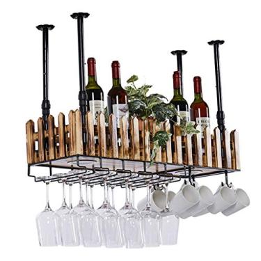 Imagem de Rack de vinho bar restaurante rack de copo de vinho casa suporte vermelho montado na parede com suporte de óculos Industrial metal madeira pendurado garrafa armazenamento suporte B 100 cm
