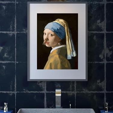 Imagem de 1 pôster de parede de banheiro de arte moderna engraçado - à prova d'água, presente de decoração sem moldura para banheiros, retrato azul e amarelo com humor divertido, perfeito para casa. (Observação