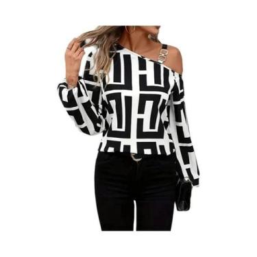 Imagem de Blusa Feminina Com Estampa Geométrica, Ombros Descidos, Manga Longa, C