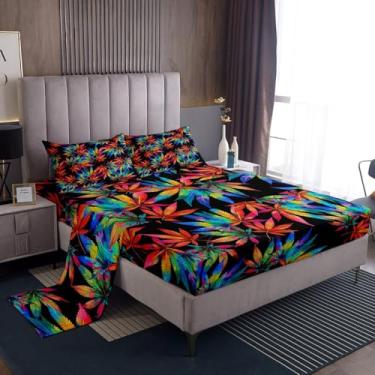 Imagem de Erosebridal Jogo de lençol Queen com folhas de maconha arco-íris e folhas de maconha colorida, psicodélico, hippie, tropical, botânico tropical, lençol com elástico alto
