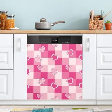 Imagem de ATTX Capa magnética para lava-louças coração quadriculado Valentine | Adesivo decorativo de eletrodomésticos de 58 x 66 cm para armários domésticos e eletrodomésticos #229