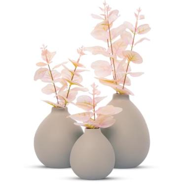 Imagem de Kit 3 Vasos de Cerâmica Flor Eucalipto Artificial Decorativa Toque Real(Off White)