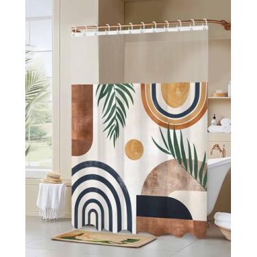 Imagem de Cortina de chuveiro boho abstrata com janela superior de malha transparente e conjunto de ganchos, folha de palmeira boêmia, círculo geométrico, estilo hotel, tecido impermeável, cortina de banho