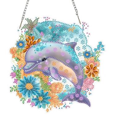 Imagem de DOMROM Kits de pendurar arte de diamante de golfinho para adultos iniciantes, pingente de golfinho com pintura de diamante de formato especial, arte de diamante faça você mesmo, animal para decoração