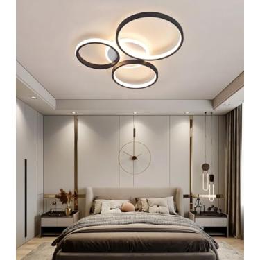 Imagem de Luminária de teto LED regulável com controle remoto, moderna e redonda, com design metálico, ideal para quarto, sala de estar, sala de jantar e outros ambientes (preta, 52 cm).