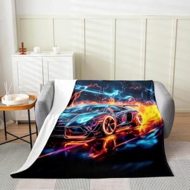 Imagem de Erosebridal Cobertor de carro de corrida de fogo de gelo para meninos, 127 x 152 cm, cobertor de flanela azul preto para crianças e adolescentes, cobertores de lã para esportes radicais