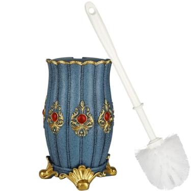 Imagem de Conjunto de suporte de escova de vaso sanitário vintage para banheiro, escova de limpeza de vaso sanitário elegante barroco e suporte com base sólida pesada de armazenamento de boca larga (azul e