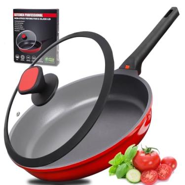 Imagem de DIIG Frigideira antiaderente com tampa de silicone, panela de chef segura para forno de 29 cm para cozinhar, frigideira de omelete, panela vermelha de alumínio fundido com alça para ficar fresca