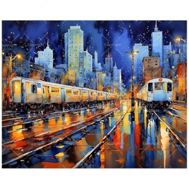 Imagem de Kit de pintura de paisagem urbana por números para adultos – Pintura de trens noturnos e luzes da cidade em tela, conjunto de tinta acrílica para iniciantes, arte urbana para decoração de casa ou