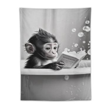 Imagem de Tapeçaria de leitura de macaco bebê na banheira preto branco bolhas cena bonito animal arte pendurar na parede decoração de casa alegre para banheiro, quarto, vibração alegre, tapeçaria 76 x 101 cm