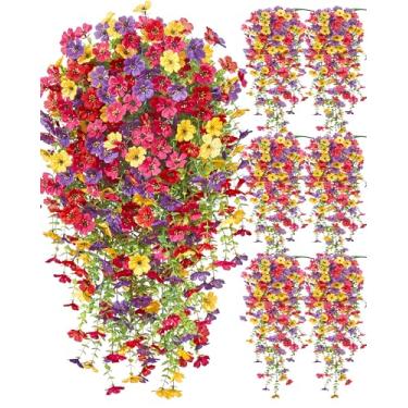 Imagem de Serwalin 6 peças de flores artificiais de outono para decoração ao ar livre, flores artificiais de seda realista para pendurar no outono, pátio, jardim, varanda, janela, exterior (cor primavera, 6