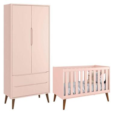 Imagem de Berço Americano E Guarda Roupa Theo 2 Portas Rosa Com Pés Amadeirados - Reller