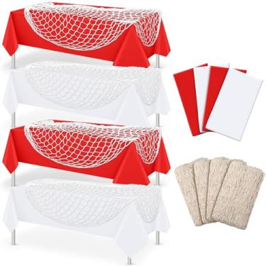 Imagem de Unittype Conjunto de 8 peças decorativas de rede de pesca e toalha de mesa, conjunto de decoração de toalha de mesa de algodão e plástico para festa temática náutica, chá de bebê, decoração de pirata