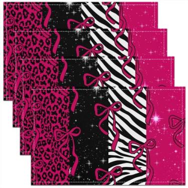 Imagem de Jogo americano com laço conjunto de 4 tapetes de mesa com estampa de leopardo de 30,5 x 45,7 cm, para decoração de cozinha, decoração de festa, princesa, para mesa de jantar, 45,7 x 30,5 cm