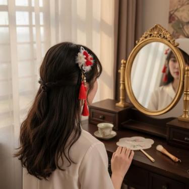 Imagem de Faixa de cabelo infantil estilo chinês Hanfu argola de cabelo de ano novo peruca rabo de cavalo flor borla acessórios de cabelo