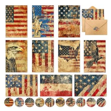 Imagem de Whaline Pacote com 50 cartões patrióticos em caixa vintage bandeira americana cartões de notas em branco com envelopes adesivos cola em bastão para 4 de julho Dia da Independência Memorial Day Dia dos