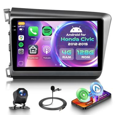 Imagem de Orderich Rádio veicular Android 4G + 128G para Honda Civic 2012-2015 com CarPlay sem fio Android Auto, tela sensível ao toque de 23 cm, conexão de espelho estéreo para carro, navegação GPS, WiFi