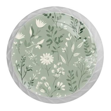 Imagem de EGJHNSKZ 4 maçanetas para armários de cozinha, puxadores de gaveta de base branca redonda de 35 mm com parafusos, puxadores de cômoda para guarda-roupa de armário, flores verdes sálvia, galhos e