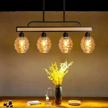 Imagem de Luminária pendente vintage, estilo industrial, lustre de madeira, retrô, soquete E27, cúpula de vidro, ideal para restaurantes, bares, clubes, quartos e salas de jantar.