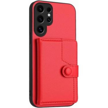 Imagem de CYPOSLDN Capa para Samsung Galaxy S25/S25 Ultra/S25 Plus, suporte de botão para celular, capa de couro com bolso para cartão, S25, vermelha