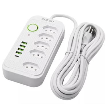 Imagem de Extensão Tomada Inteligente Suporte a Tensão de 110-220V Filtro de Linha, Régua de Energia 5 Tomadas 4 Interfaces 1 Porta USB Tipo-C Cabo de Alimentação de 2 M Potência 2500 (Branco)