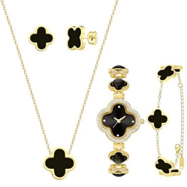 Imagem de SUBANG Conjunto de joias com 5 peças de trevo da sorte para mulheres, conjunto de joias de ouro banhado a ouro 18 K, design de flor, colar de quatro folhas, pulseira e brincos de relógio para mulheres