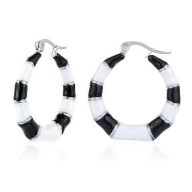 Imagem de TaYolnFaSo Brincos de argola de bambu para mulheres, banhado a ouro 18 quilates, esmaltado, joia de dois tons, presente de dia dos namorados para esposa e namorada, Aço inoxidável, Sem pedra preciosa