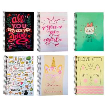 Imagem de Kit 6 Cadernos Universitários Espiral Capa Dura Feminino - oem