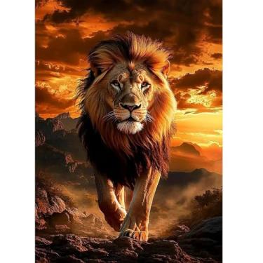 Imagem de ossomo Kits de pintura de diamante para adultos, DIY 5D broca completa leão ao pôr do sol, kits de arte de diamante imagens de pontos de diamante perfeitos para relaxamento e decoração de parede de