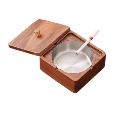 Imagem de Cinzeiros para cigarros ao ar livre com tampa quadrado de madeira com aço inoxidável decorativo portátil para casa, pátio, escritório, bandeja de cinzeiro interna ao ar livre (prata)