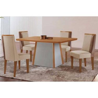 Imagem de Conjunto Sala de Jantar Tilia c/ Tampo Madeirado Canto Curvo 120x80cm e 4 Cadeiras Tilia Madeira Maciça Naturale/Off White - Capuccino/Suede Creme-Ruf