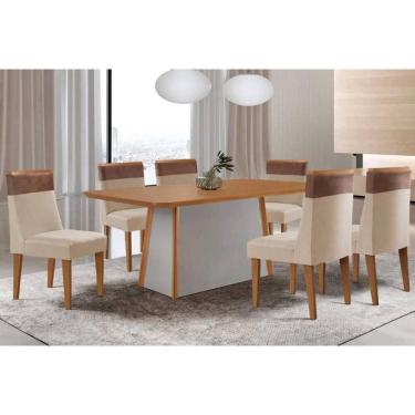 Imagem de Conjunto Sala de Jantar Tilia c/ Tampo Madeirado Canto Curvo 180x90cm e 6 Cadeiras Jaspe Madeira Maciça Naturale/Off White - Capuccino/Suede Creme-Ruf