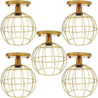 Imagem de 5 Lustres Teto Plafon Industrial Aramado Globo Retrô Luminária Sobrepor Vintage Dourado Agp Ilumini